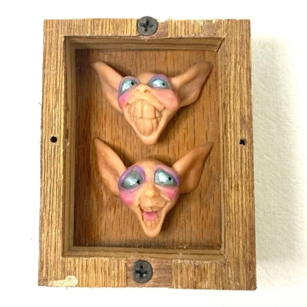 Vtg Poly Resin Gargoyle Faces in Wood‎ Frame Gothic Dark Fairy Fantasy Handmade